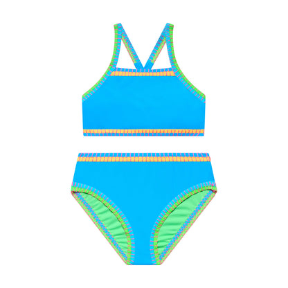 Big Girls Bold Moves - Whipstitch Binding X-Back Bra and Hipster Bottom - Blue Horizon
