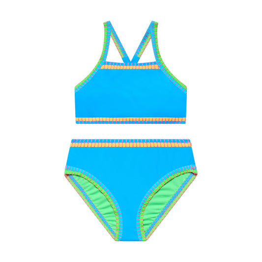Big Girls Bold Moves - Whipstitch Binding X-Back Bra and Hipster Bottom - Blue Horizon