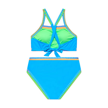 Big Girls Bold Moves - Whipstitch Binding X-Back Bra and Hipster Bottom - Blue Horizon