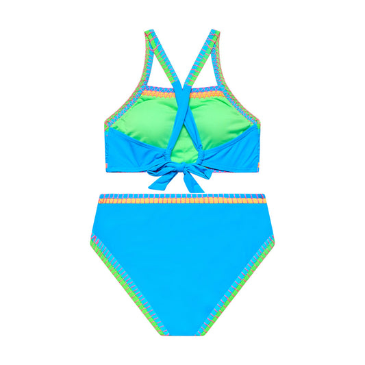 Big Girls Bold Moves - Whipstitch Binding X-Back Bra and Hipster Bottom - Blue Horizon
