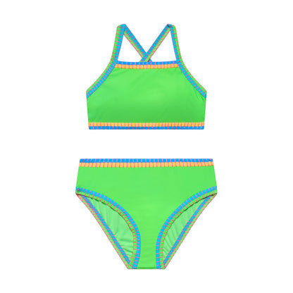 Big Girls Bold Moves - Whipstitch Binding X-Back Bra and Hipster Bottom - Bio-Lime