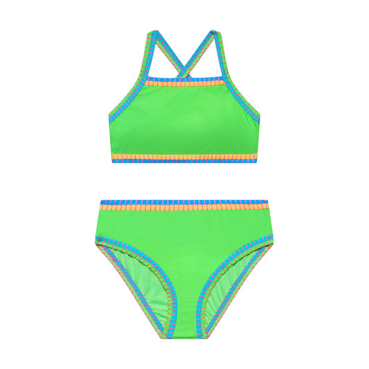 Big Girls Bold Moves - Whipstitch Binding X-Back Bra and Hipster Bottom - Bio-Lime
