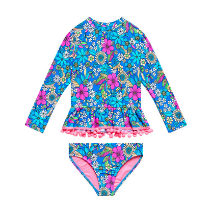 Little Girls Electric Ave - Long Sleeve Rashguard with Pom Pom Ruffle Waist and Hipster Bottom