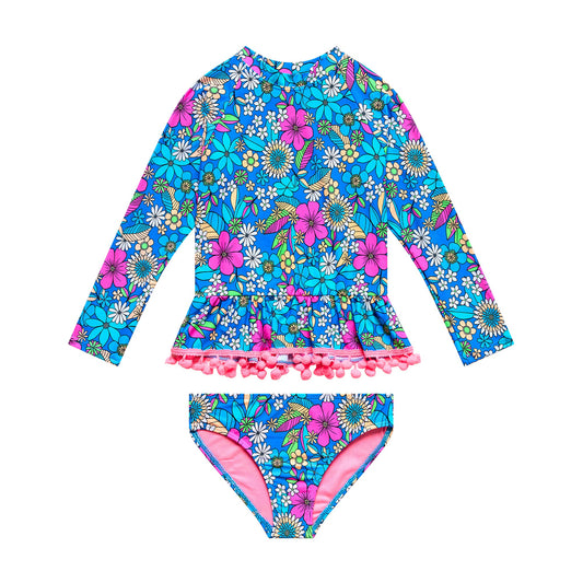 Little Girls Electric Ave - Long Sleeve Rashguard with Pom Pom Ruffle Waist and Hipster Bottom