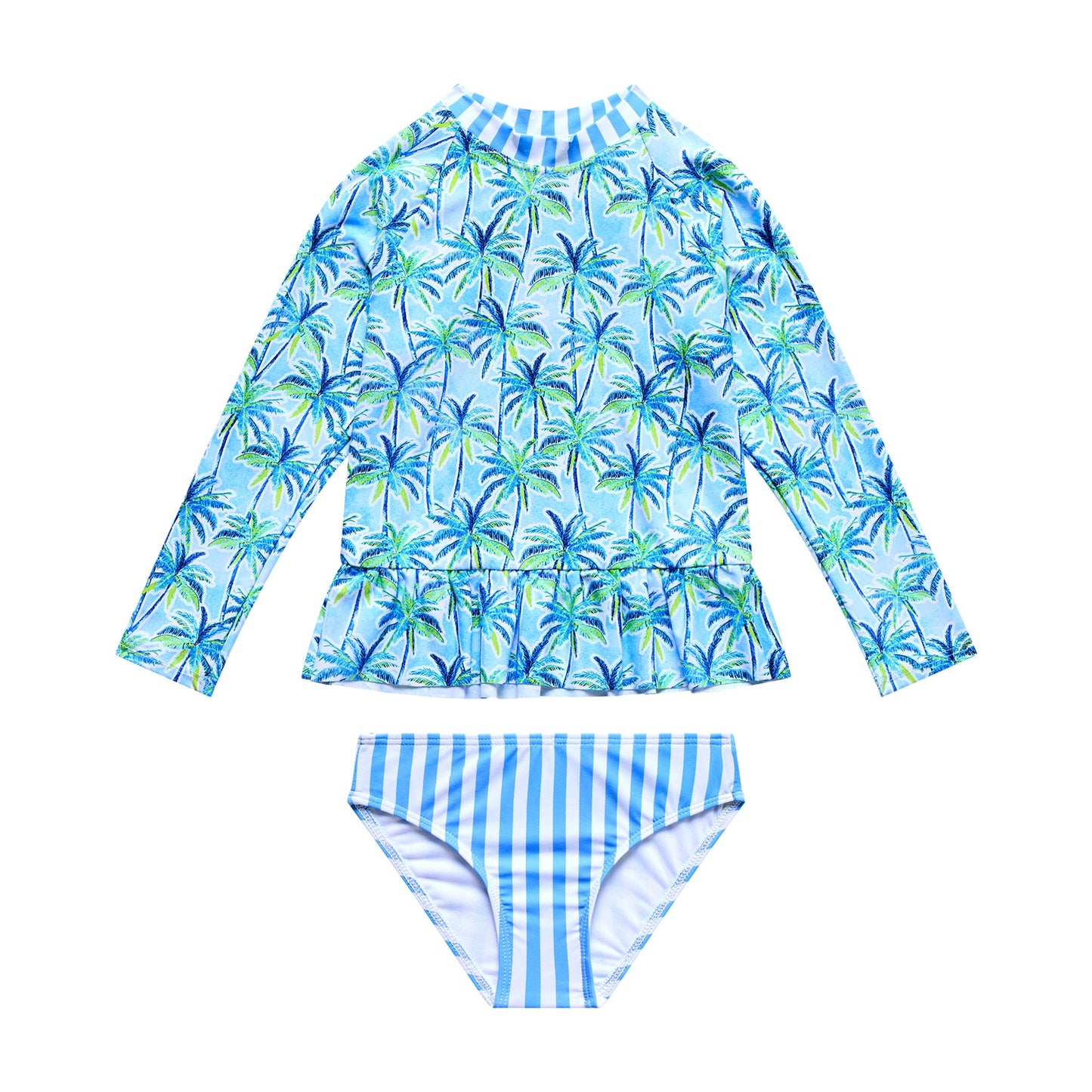 Little Girls Palm Paradise - Long Sleeve Rashguard with Ruffle Waist and Hipster Bottom
