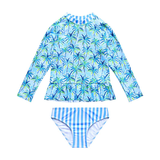 Little Girls Palm Paradise - Long Sleeve Rashguard with Ruffle Waist and Hipster Bottom