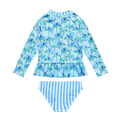 Little Girls Palm Paradise - Long Sleeve Rashguard with Ruffle Waist and Hipster Bottom