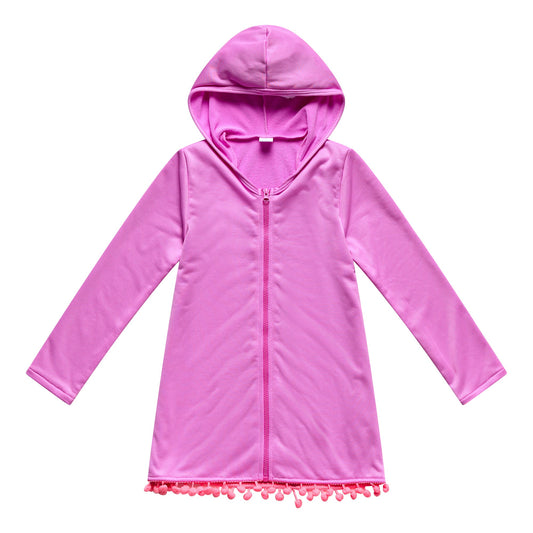 Little Girls Cover Me In Sunshine - Coverup Tunic with Pom Poms - Cyber Pink